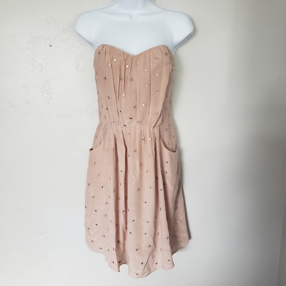 Rebecca Taylor 8 Blush Pink Tube Top Strapless Dress Smocked Eyelet Mirrors Zip